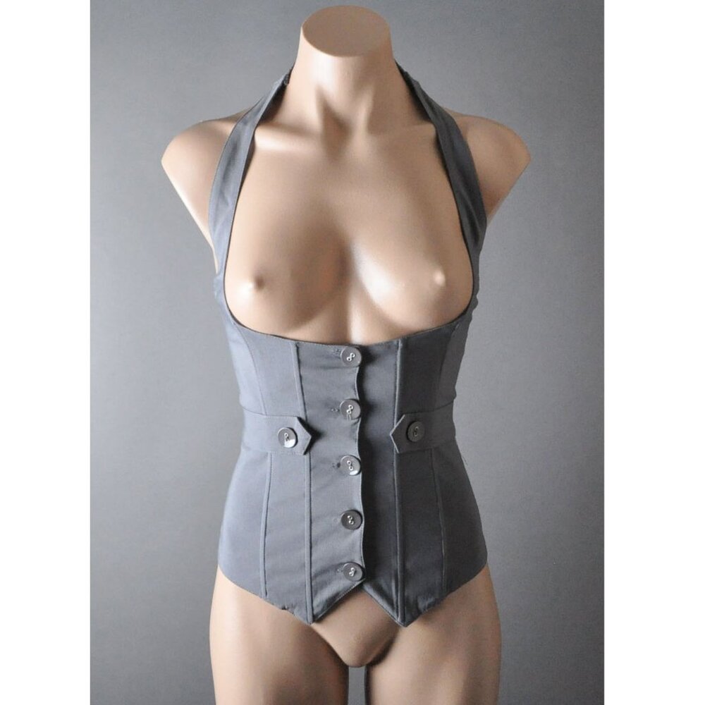 Gray Punk Goth Steampunk Victorian Corset Underbust Waistcoat Vest Top Corset